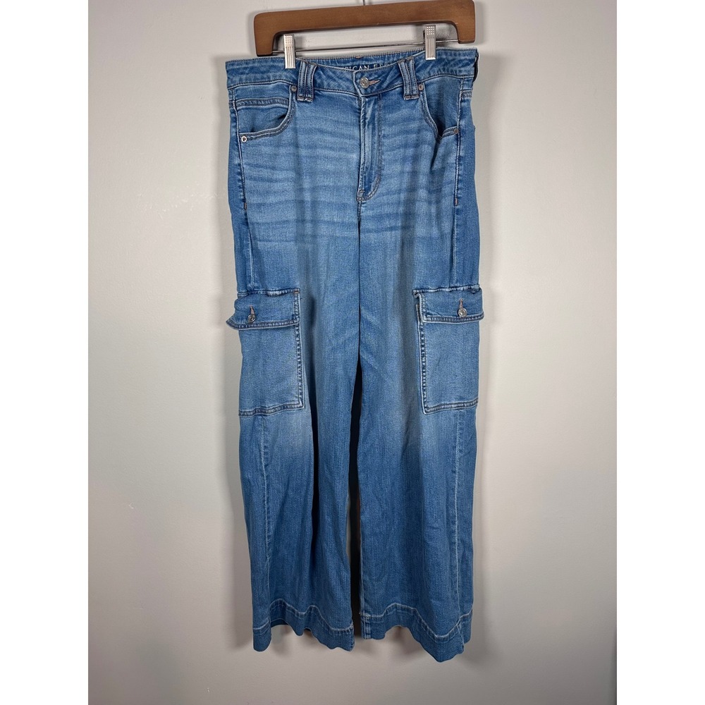 American Eagle Cargo Jeans Womens 12 Blue Wide Leg High Rise Utility Streetwear